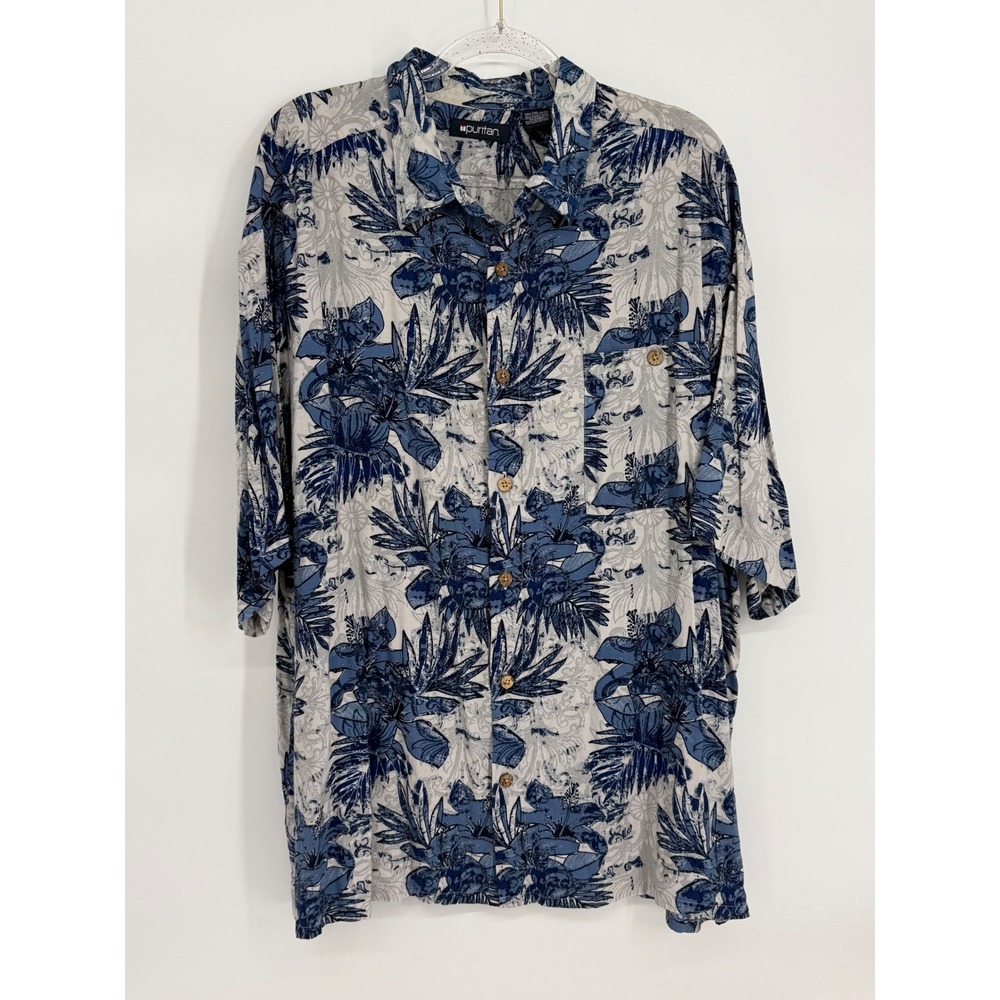 Puritan Mens Sz 2XL Blue White Floral Viscose Rayon Hawaiian Button Shirt